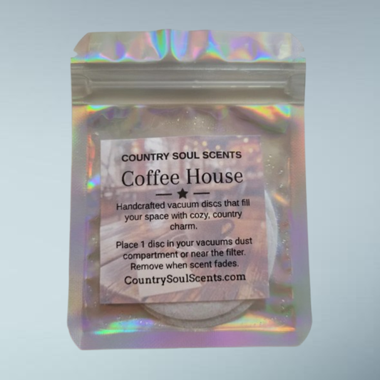 Coffee House scented vacuum discs with freshly brewed coffee, creamy vanilla, roasted coffee beans, and sweet sugar fragrance.