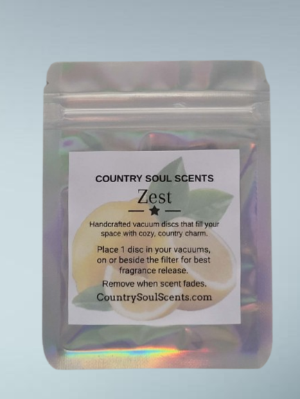 Zest scented vacuum discs with fresh lemon peel, earthy lemongrass, and sweet verbena fragrance.